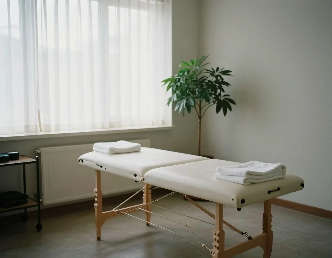Sala de rehabilitación con camilla y luz natural