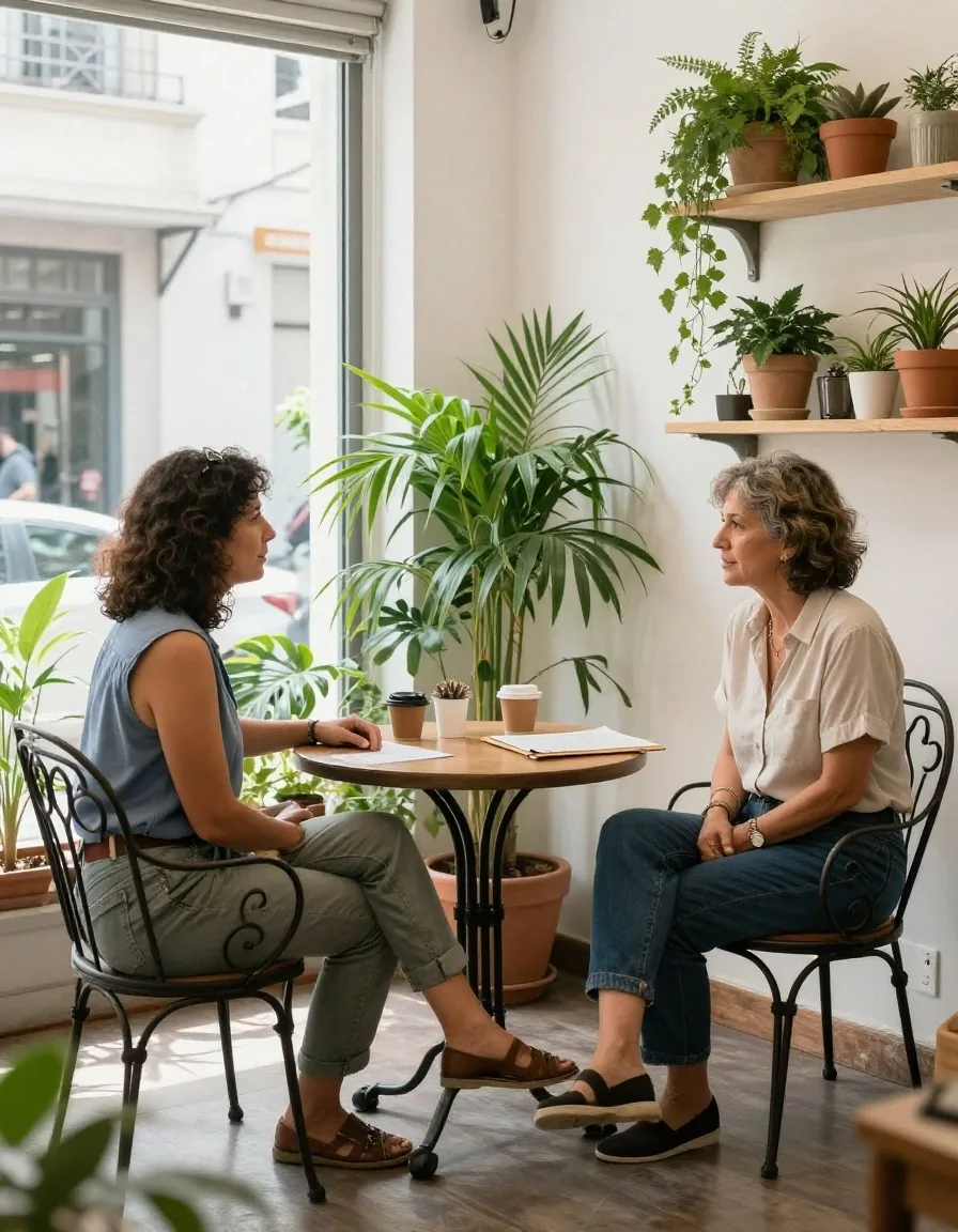 Asesora conversando con un comerciante sobre una desvinculación en un patio de oficinas