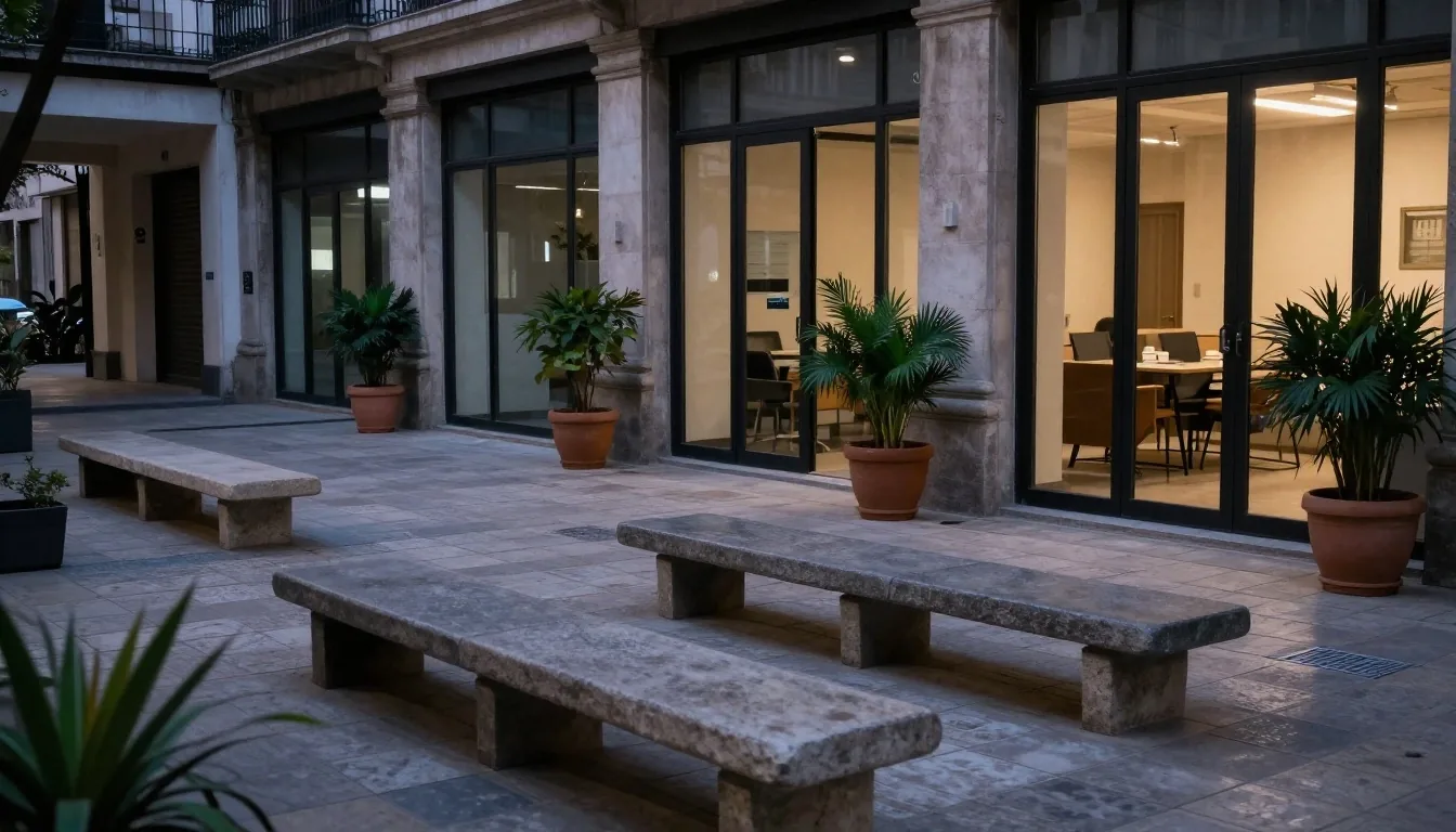 Patio de oficinas en Buenos Aires con luz de tarde sobre piso de baldosas