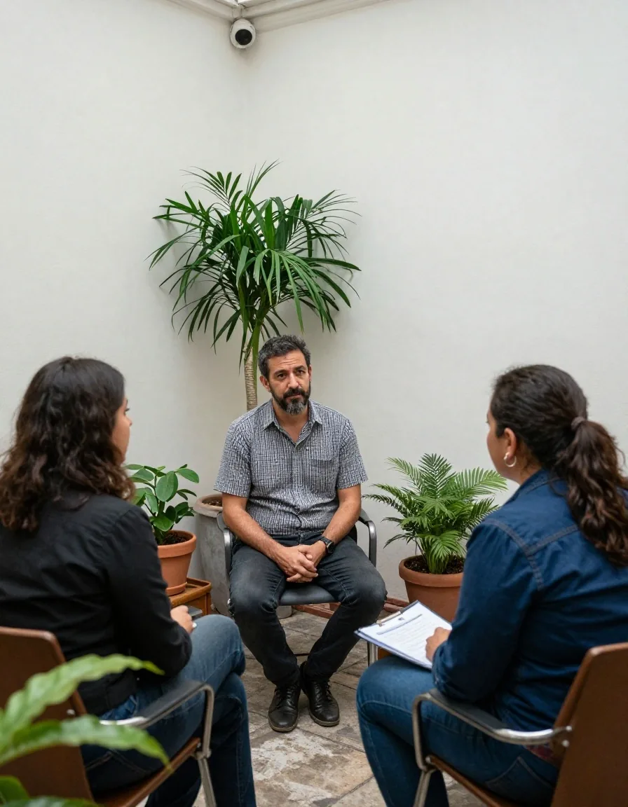 Asesora conversando con un cliente sobre carpetas abiertas en un patio