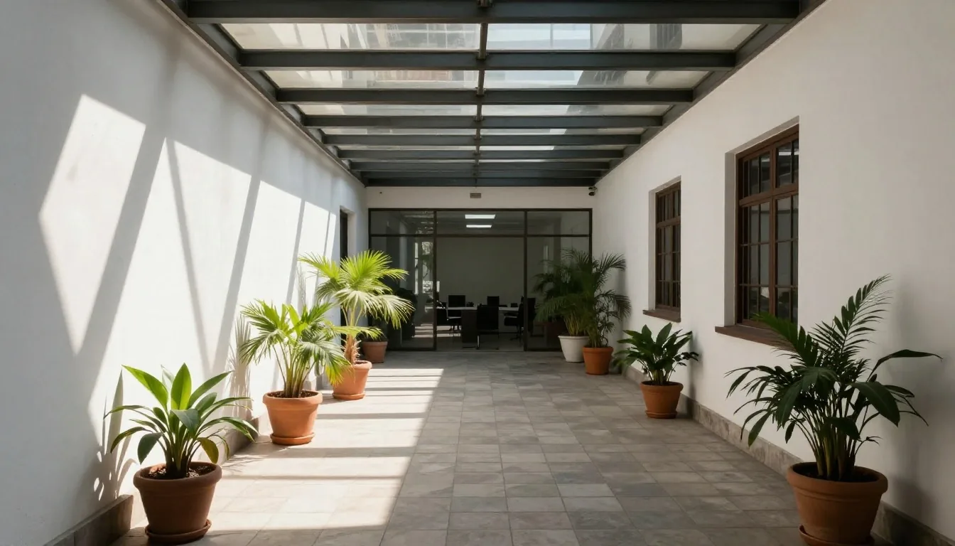 Patio de oficinas en Buenos Aires con luz de tarde sobre el piso de baldosas