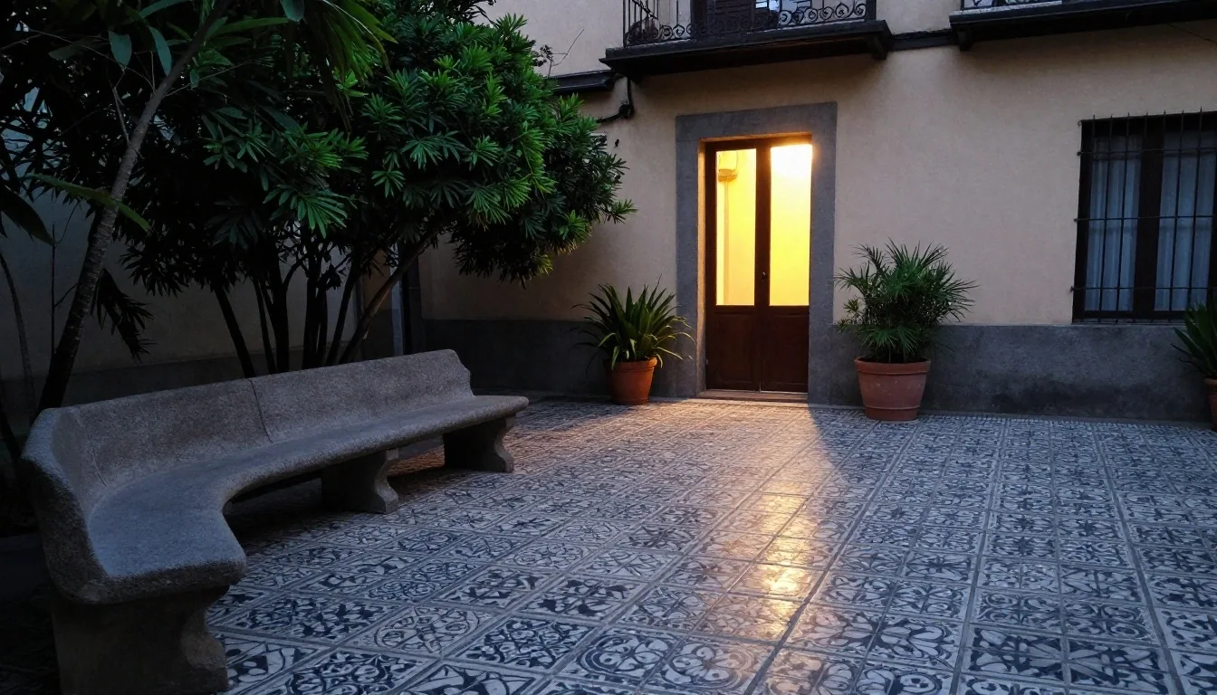 Patio porteño al atardecer con una puerta abierta iluminada