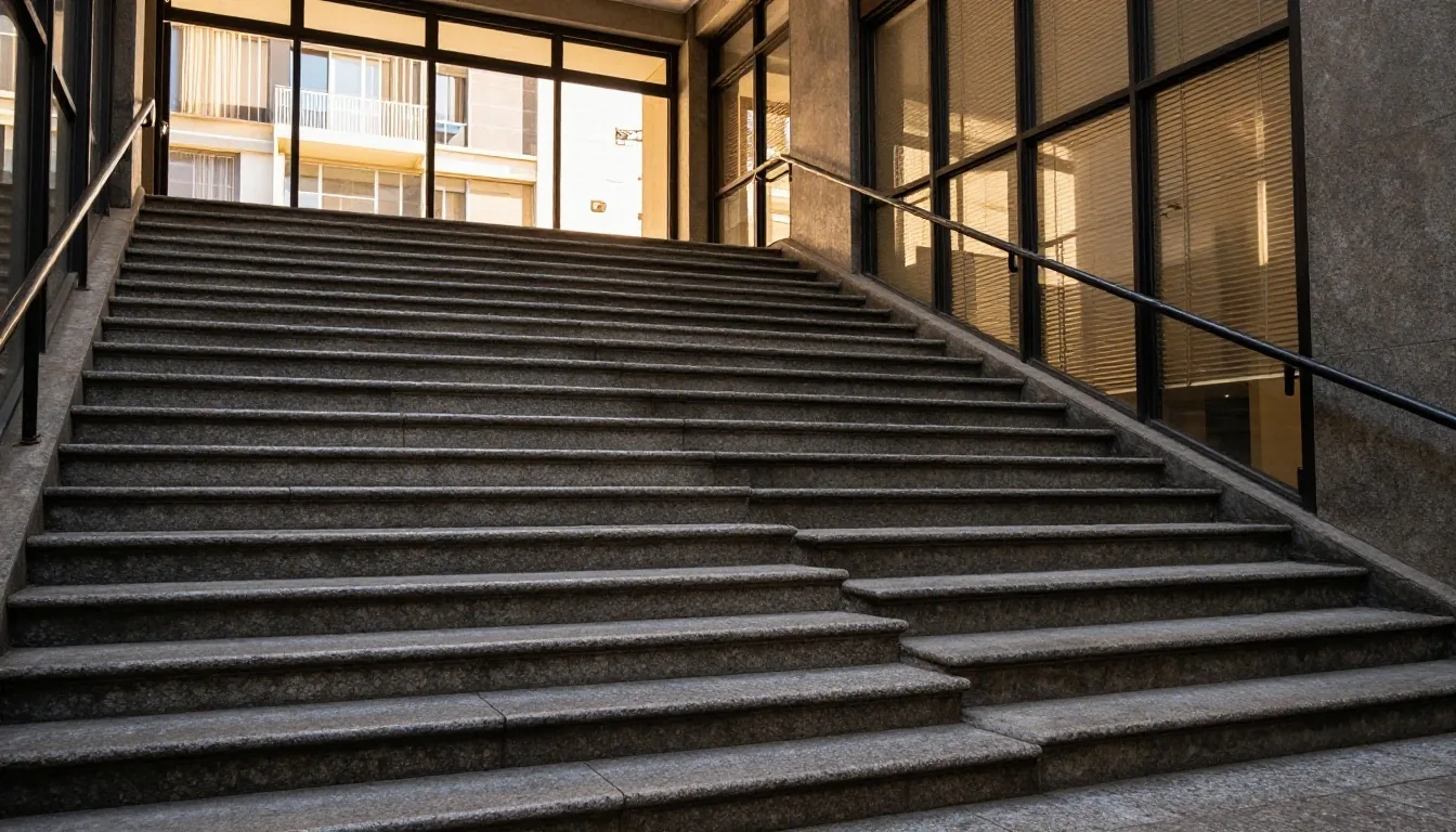 Patio de oficinas en Buenos Aires con luz de tarde sobre el piso de baldosas