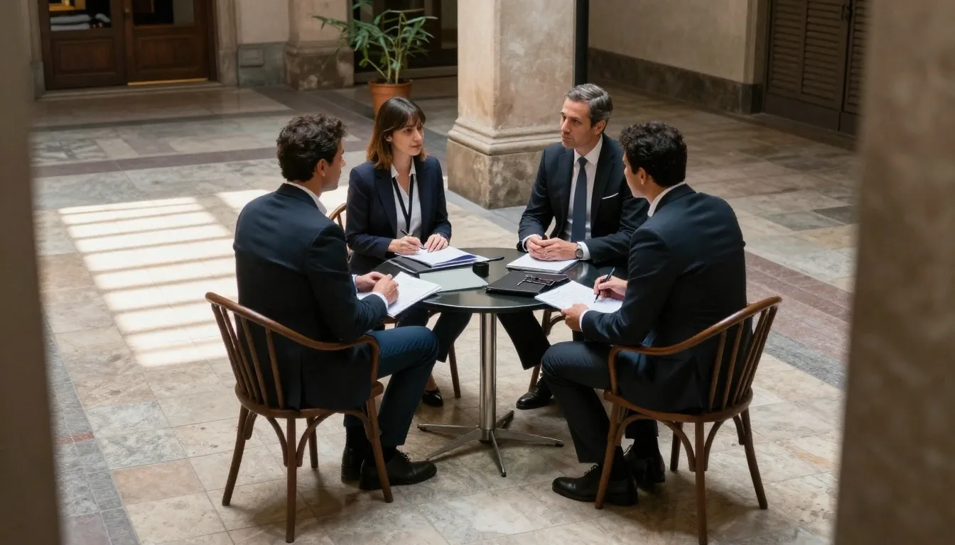 Reunión de asesoría laboral en un patio de oficinas con luz natural