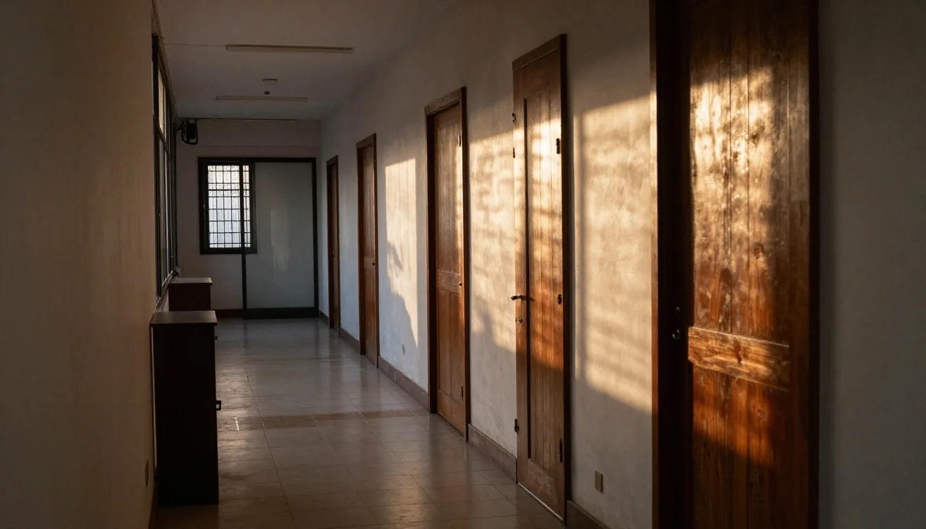 Patio de oficinas en Buenos Aires con luz de tarde sobre piso de baldosas