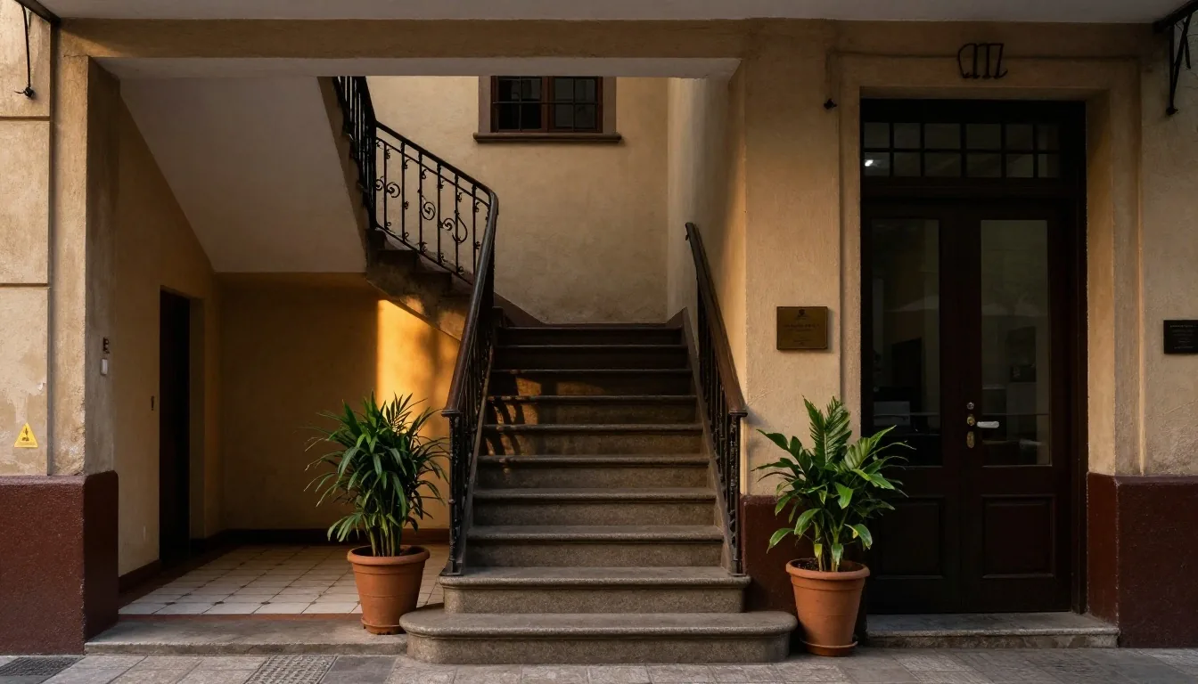Patio de oficinas en Buenos Aires con luz de tarde sobre el piso de baldosas