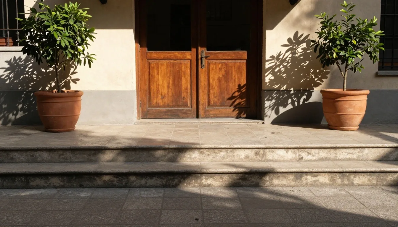 Patio de oficinas en Buenos Aires con luz de tarde sobre piso de baldosas